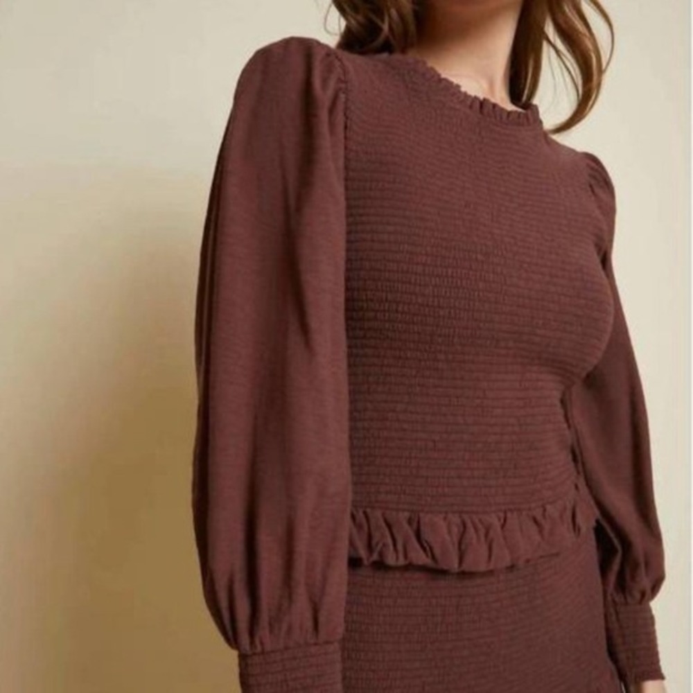 Nation LTD Abby Smocked Mini Dress Small Mauve Ruffle Long Sleeve Boho Romantic - Picture 2 of 13